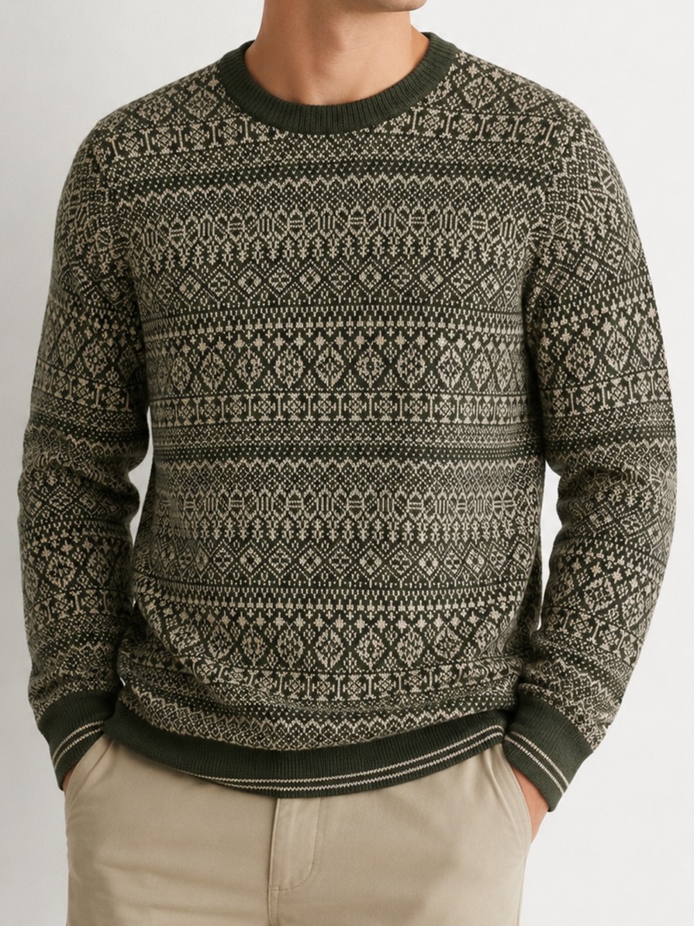 J Crew Jacquard Cotton Olive Fair Isle Crewneck Sweater